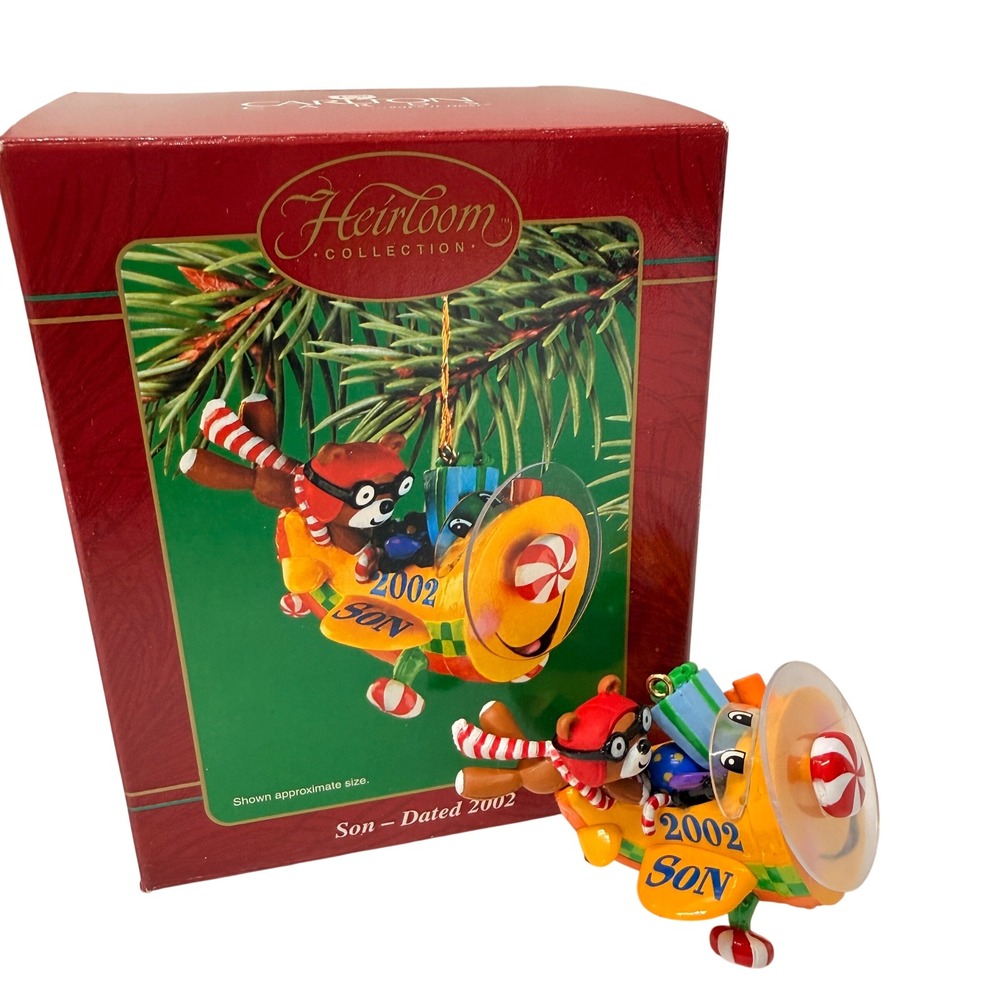 Carlton Cards Heirloom 2002 Son Christmas Ornament Bear Pilot Airplane Yellow